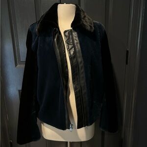 Bailey 44 Black and Blue Teddy Jacket with Plush Faux Fur Collar